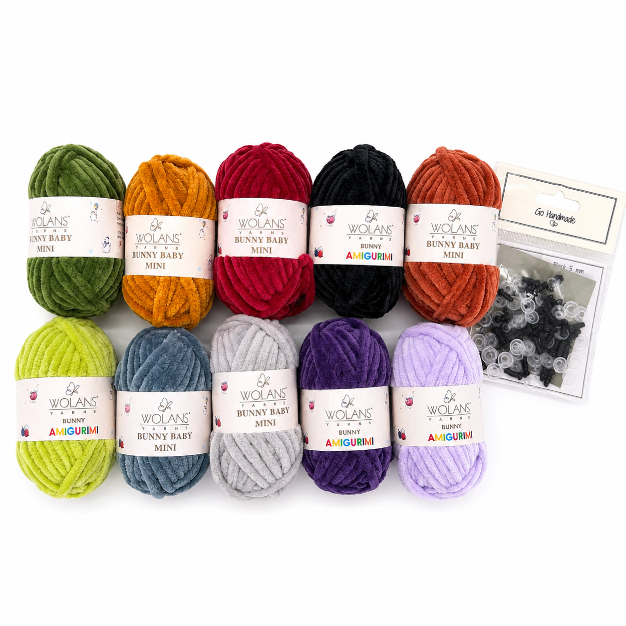 Amigurumi dzijas komplekts, drosmīgi toņi — 10 Bunny Baby Mini kamoli + drošības acis