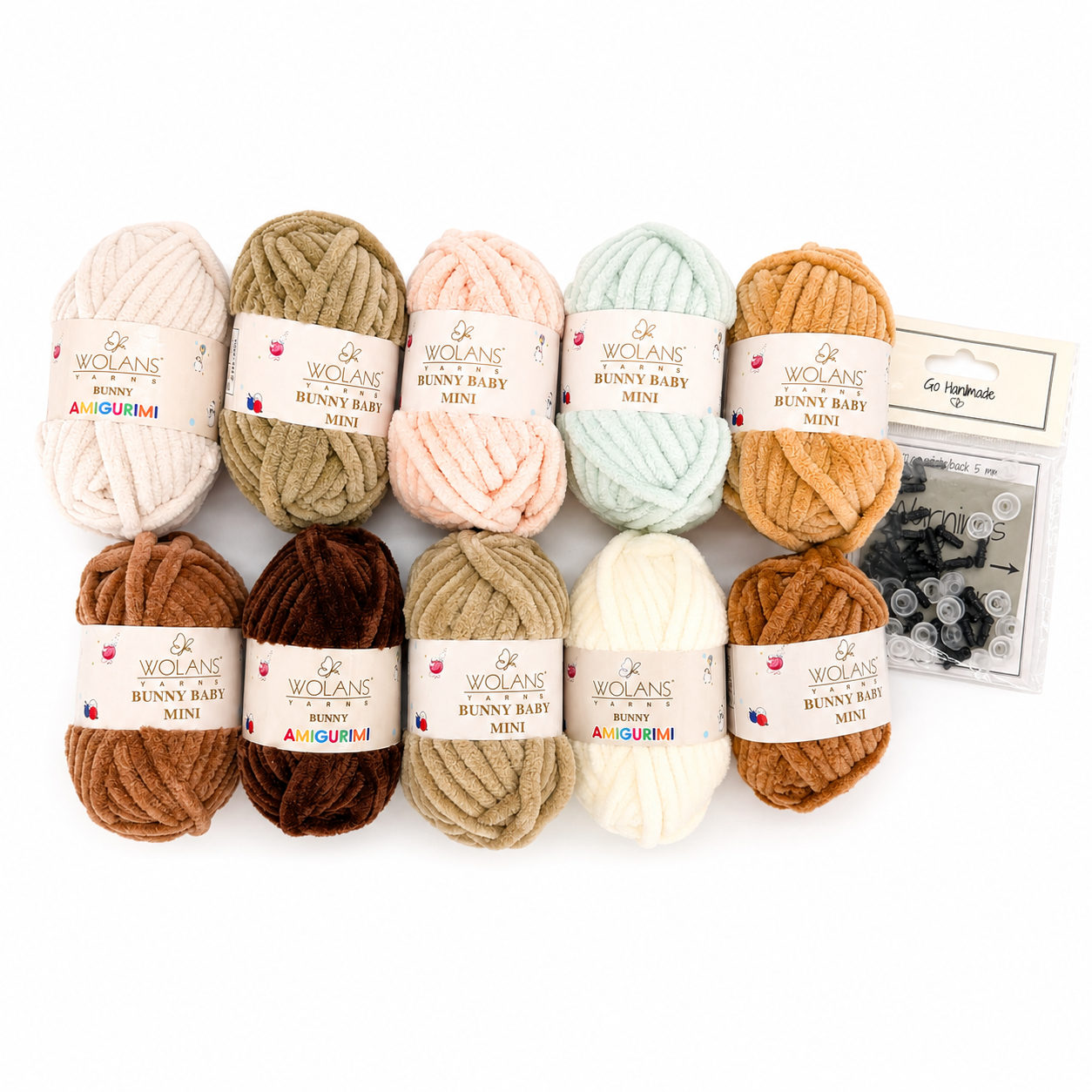 Amigurumi dzijas komplekts, neitrāli toņi — 10 Bunny Baby Mini kamoli + drošības acis