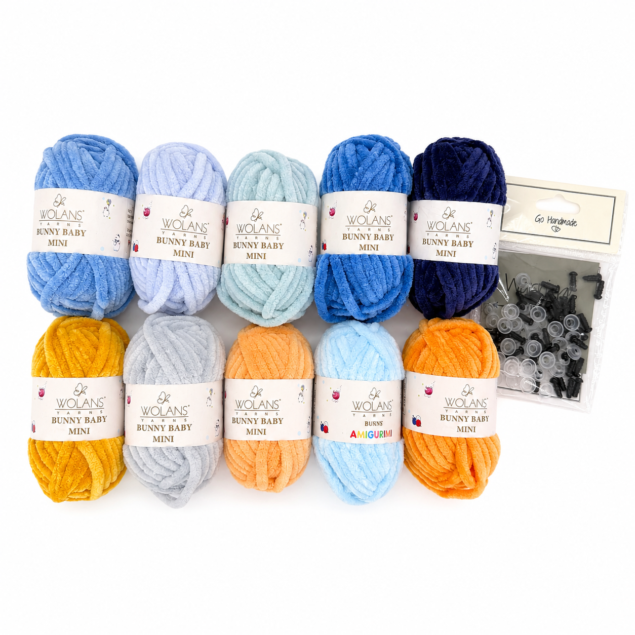 Amigurumi dzijas komplekts, jūras toņi — 10 zilu un oranžu Bunny Baby Mini kamolu + drošības acis