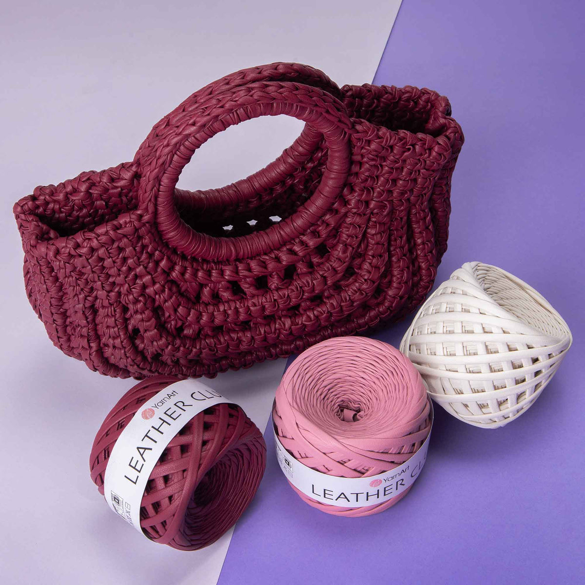 Crochet handbag with round handles in YarnArt Leather Club Burgundy